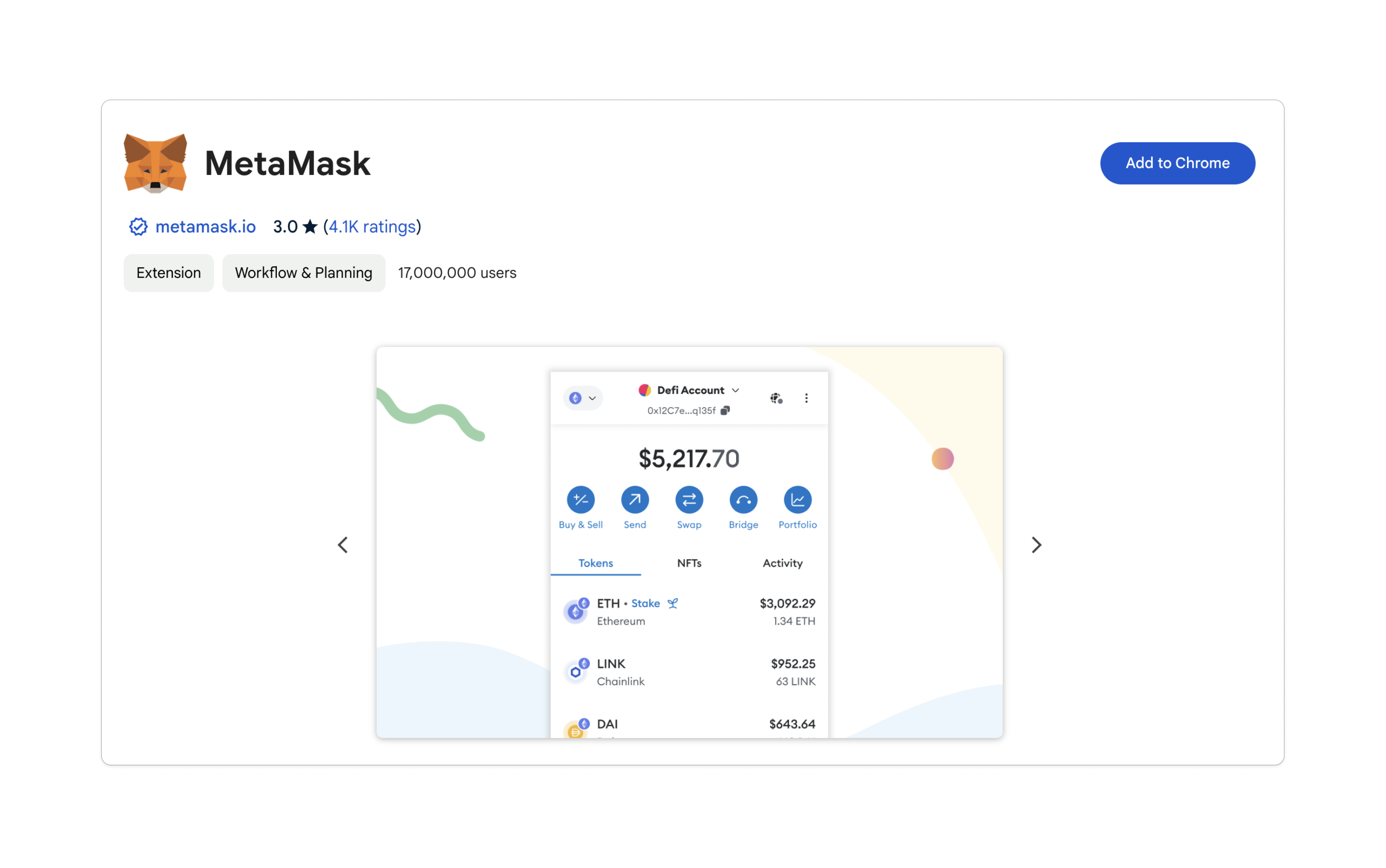 metamask on chrome webstore page